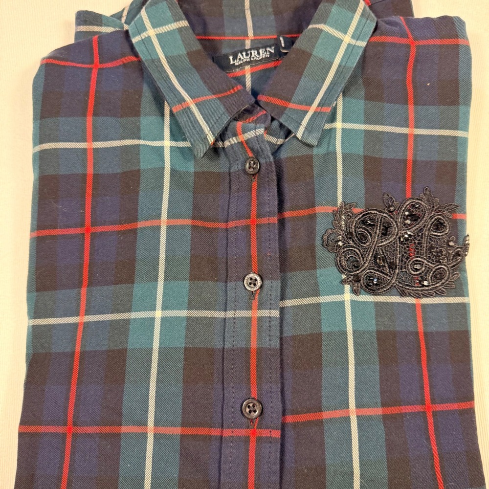 Lauren Ralph Lauren Womens M Plaid Monogram Button Down Dark Academia Preppy - Picture 6 of 16